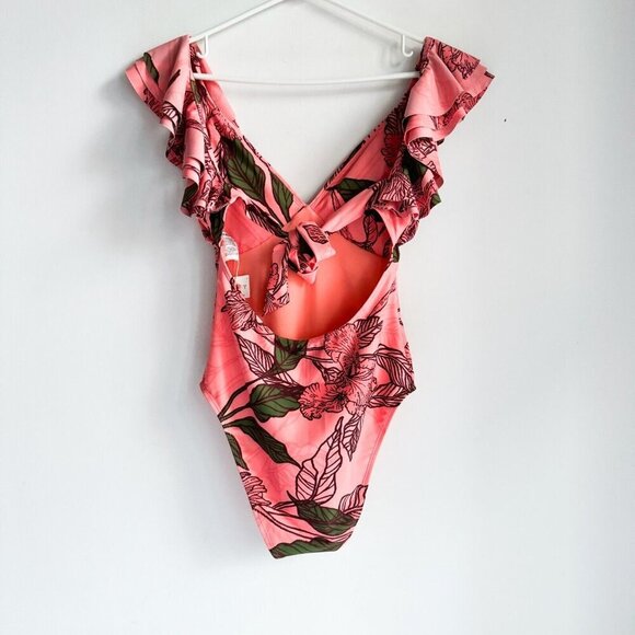 Hutch Floral Salmon Pink Ruffle Detail One Piece Swimsuit S - Picture 2 of 8